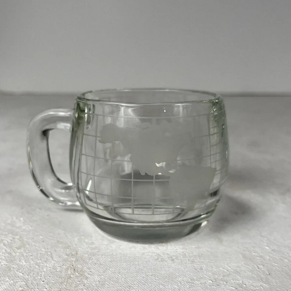 Nestle Nescafe World GLOBE Etched Clear Glass Coffee Mug Cup Advertising Tea Cup
